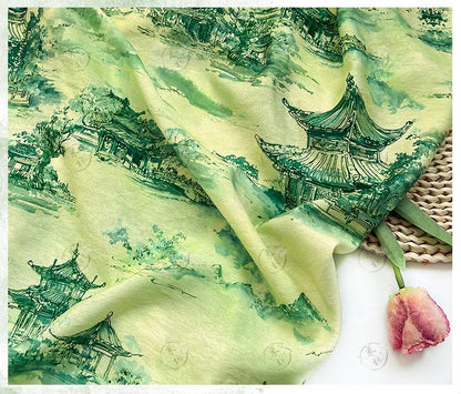 Chinese Landscape Cotton Fabric by Yard, Jiangnan Pavilion Scenic Print Textile, Soft Dress Fabric for Sewing Quilting Crafts, 59"Wide