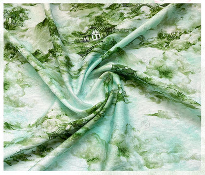 Chinese Landscape Cotton Fabric by Yard, Jiangnan Pavilion Scenic Print Textile, Soft Dress Fabric for Sewing Quilting Crafts, 59"Wide