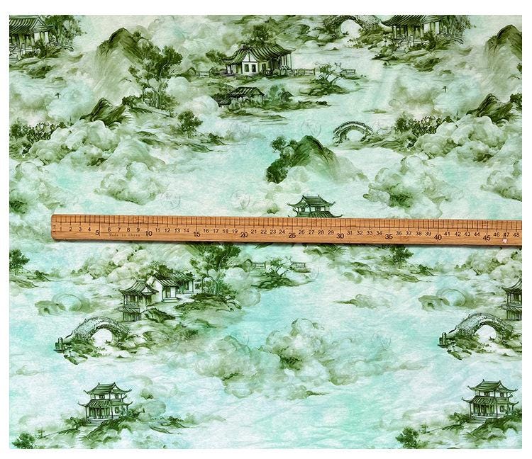 Chinese Landscape Cotton Fabric by Yard, Jiangnan Pavilion Scenic Print Textile, Soft Dress Fabric for Sewing Quilting Crafts, 59"Wide