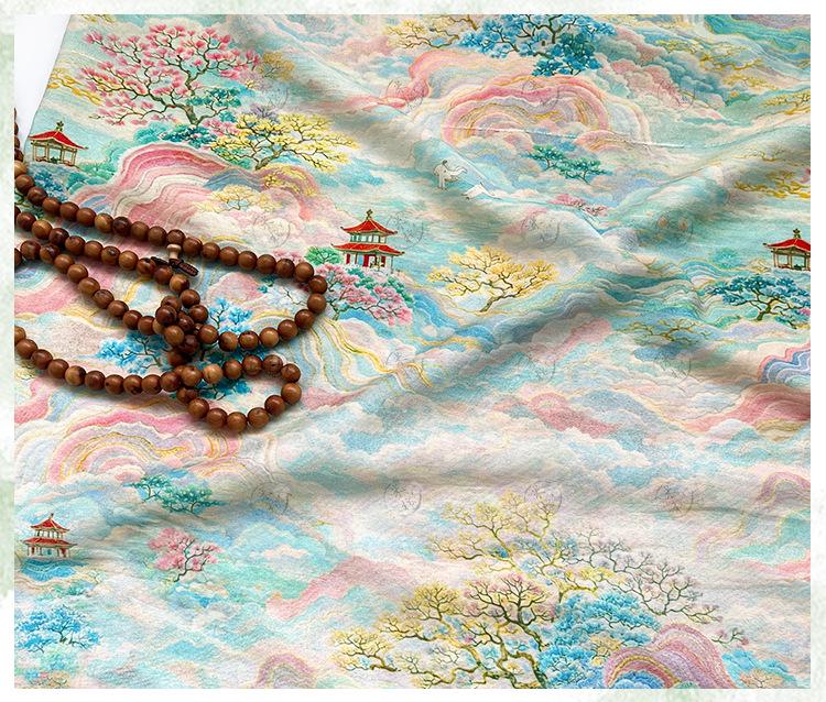 Chinese Landscape Cotton Fabric by Yard, Jiangnan Pavilion Scenic Print Textile, Soft Dress Fabric for Sewing Quilting Crafts, 59"Wide