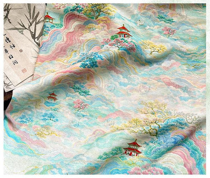 Chinese Landscape Cotton Fabric by Yard, Jiangnan Pavilion Scenic Print Textile, Soft Dress Fabric for Sewing Quilting Crafts, 59"Wide
