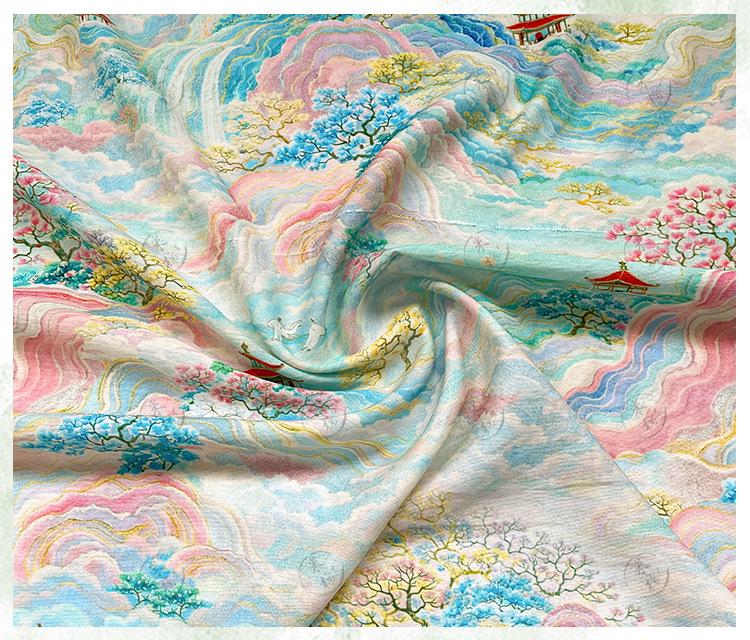 Chinese Landscape Cotton Fabric by Yard, Jiangnan Pavilion Scenic Print Textile, Soft Dress Fabric for Sewing Quilting Crafts, 59"Wide