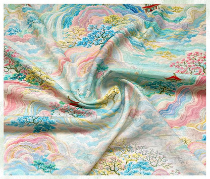 Chinese Landscape Cotton Fabric by Yard, Jiangnan Pavilion Scenic Print Textile, Soft Dress Fabric for Sewing Quilting Crafts, 59"Wide