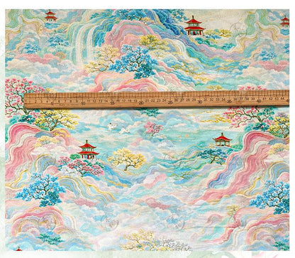 Chinese Landscape Cotton Fabric by Yard, Jiangnan Pavilion Scenic Print Textile, Soft Dress Fabric for Sewing Quilting Crafts, 59"Wide