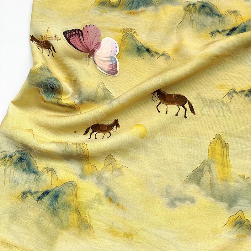 Golden Mist Mountain Horse Print Cotton Fabric by Yard, Chinese Landscape Scenic Textile, Oriental Dress Fabric for Sewing Decor, 59"Wide