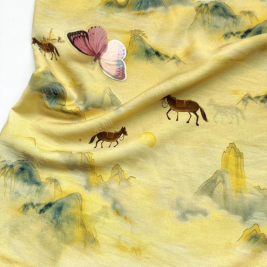 Golden Mist Mountain Horse Print Cotton Fabric by Yard, Chinese Landscape Scenic Textile, Oriental Dress Fabric for Sewing Decor, 59"Wide - Poppylollipop