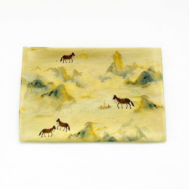 Golden Mist Mountain Horse Print Cotton Fabric by Yard, Chinese Landscape Scenic Textile, Oriental Dress Fabric for Sewing Decor, 59"Wide