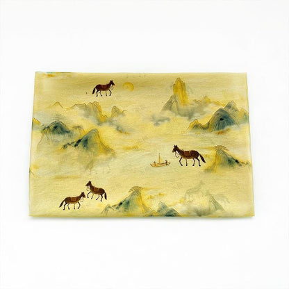 Golden Mist Mountain Horse Print Cotton Fabric by Yard, Chinese Landscape Scenic Textile, Oriental Dress Fabric for Sewing Decor, 59"Wide