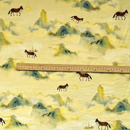 Golden Mist Mountain Horse Print Cotton Fabric by Yard, Chinese Landscape Scenic Textile, Oriental Dress Fabric for Sewing Decor, 59"Wide
