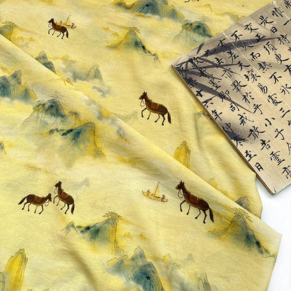 Golden Mist Mountain Horse Print Cotton Fabric by Yard, Chinese Landscape Scenic Textile, Oriental Dress Fabric for Sewing Decor, 59"Wide