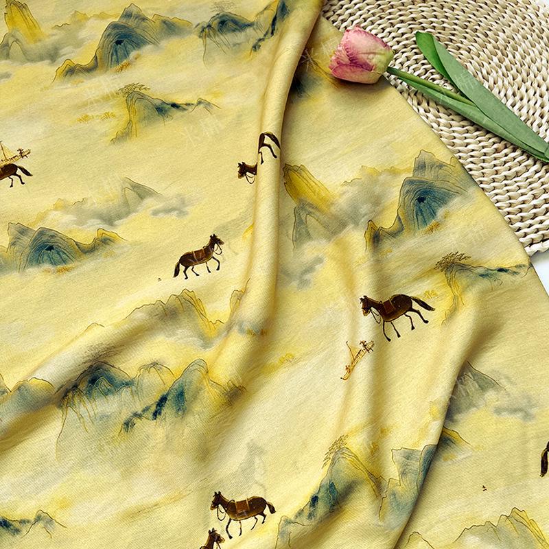 Golden Mist Mountain Horse Print Cotton Fabric by Yard, Chinese Landscape Scenic Textile, Oriental Dress Fabric for Sewing Decor, 59"Wide