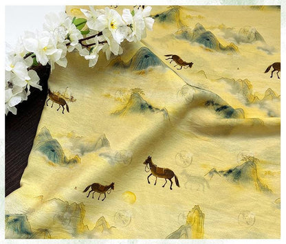 Golden Mist Mountain Horse Print Cotton Fabric by Yard, Chinese Landscape Scenic Textile, Oriental Dress Fabric for Sewing Decor, 59"Wide