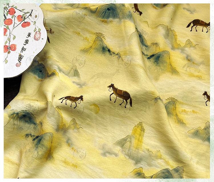 Golden Mist Mountain Horse Print Cotton Fabric by Yard, Chinese Landscape Scenic Textile, Oriental Dress Fabric for Sewing Decor, 59"Wide