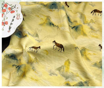 Golden Mist Mountain Horse Print Cotton Fabric by Yard, Chinese Landscape Scenic Textile, Oriental Dress Fabric for Sewing Decor, 59"Wide