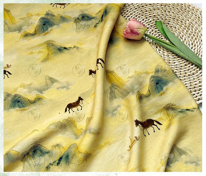 Golden Mist Mountain Horse Print Cotton Fabric by Yard, Chinese Landscape Scenic Textile, Oriental Dress Fabric for Sewing Decor, 59"Wide