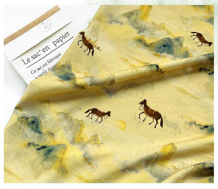 Golden Mist Mountain Horse Print Cotton Fabric by Yard, Chinese Landscape Scenic Textile, Oriental Dress Fabric for Sewing Decor, 59"Wide