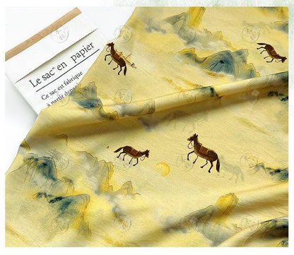 Golden Mist Mountain Horse Print Cotton Fabric by Yard, Chinese Landscape Scenic Textile, Oriental Dress Fabric for Sewing Decor, 59"Wide