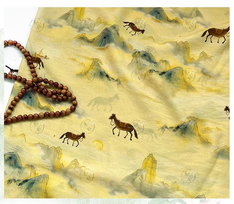 Golden Mist Mountain Horse Print Cotton Fabric by Yard, Chinese Landscape Scenic Textile, Oriental Dress Fabric for Sewing Decor, 59"Wide