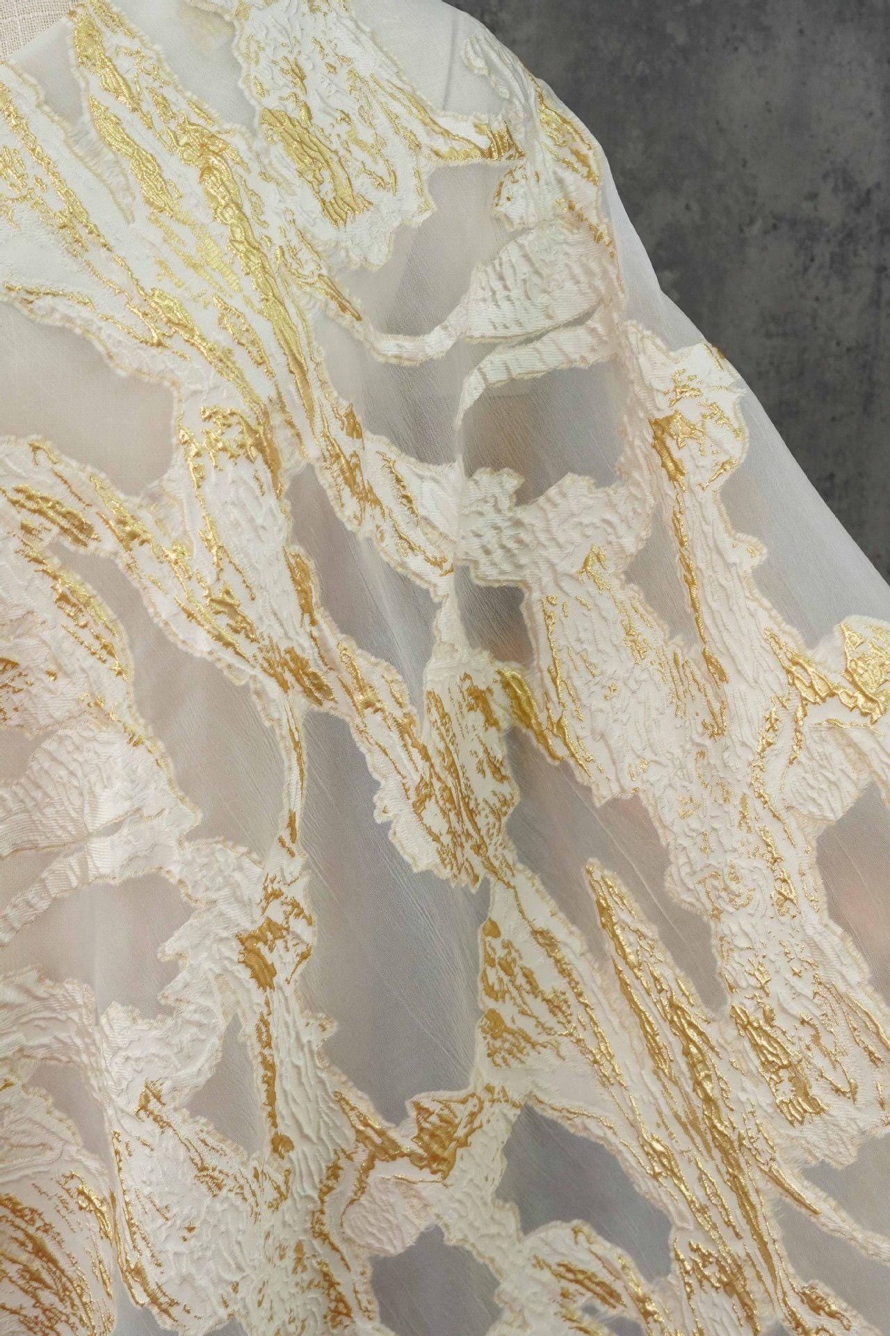 Gold Marble Organza Fabric by Yard, Embossed Irregular Jacquard Sheer Textile, Luxury Bridal Wedding Dress Fabric, 56"Wide
