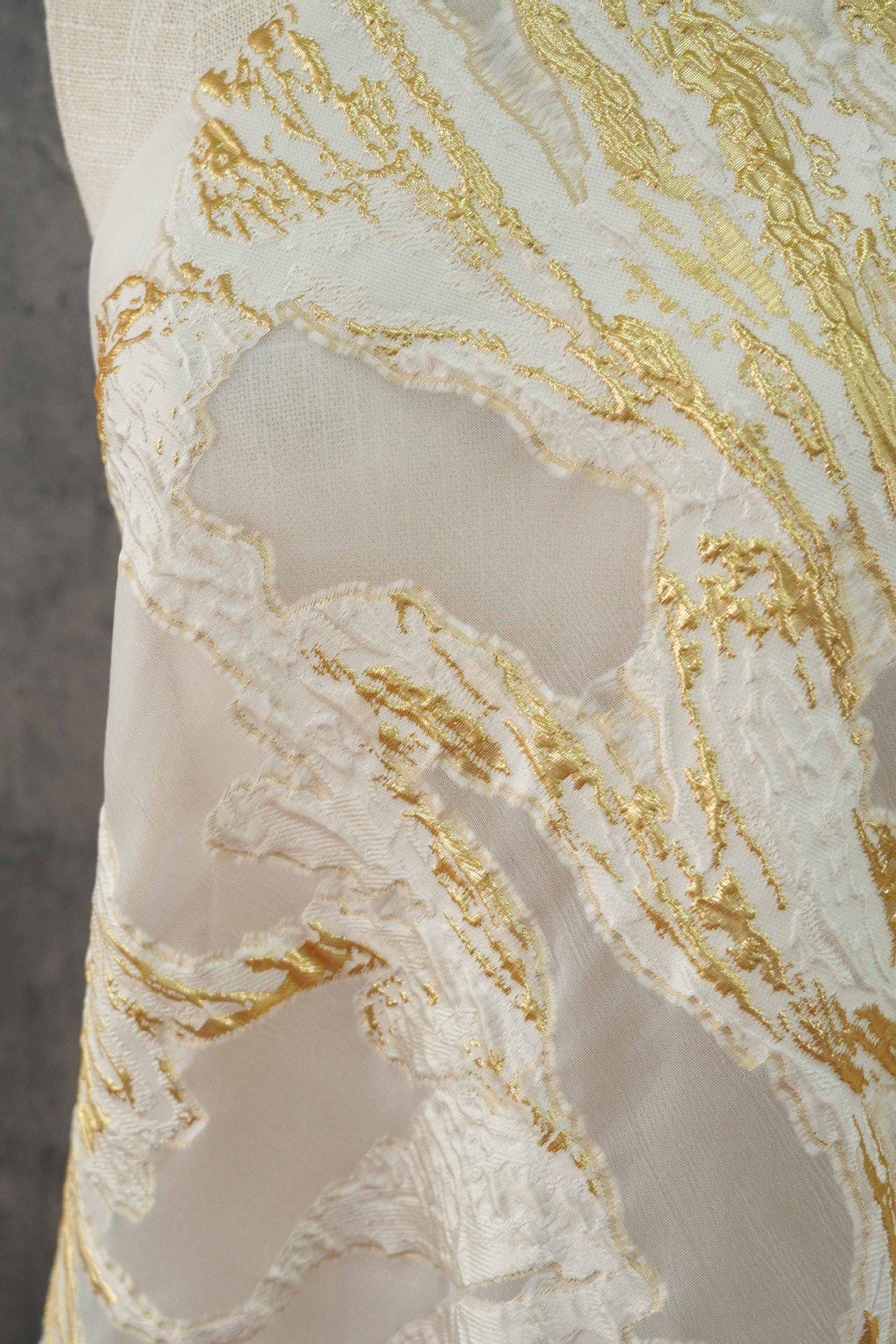 Gold Marble Organza Fabric by Yard, Embossed Irregular Jacquard Sheer Textile, Luxury Bridal Wedding Dress Fabric, 56"Wide