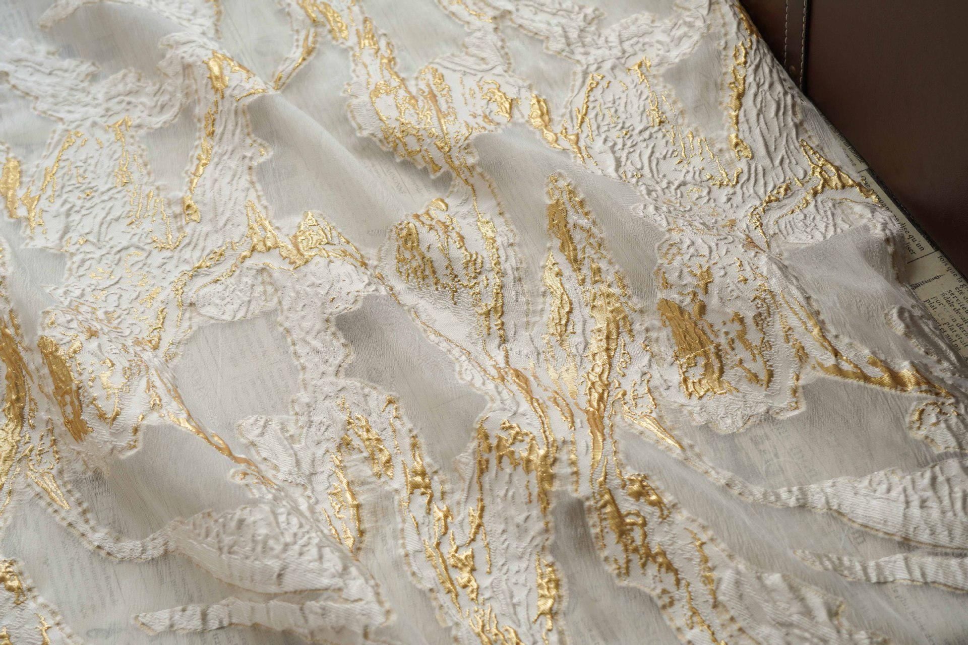Gold Marble Organza Fabric by Yard, Embossed Irregular Jacquard Sheer Textile, Luxury Bridal Wedding Dress Fabric, 56"Wide