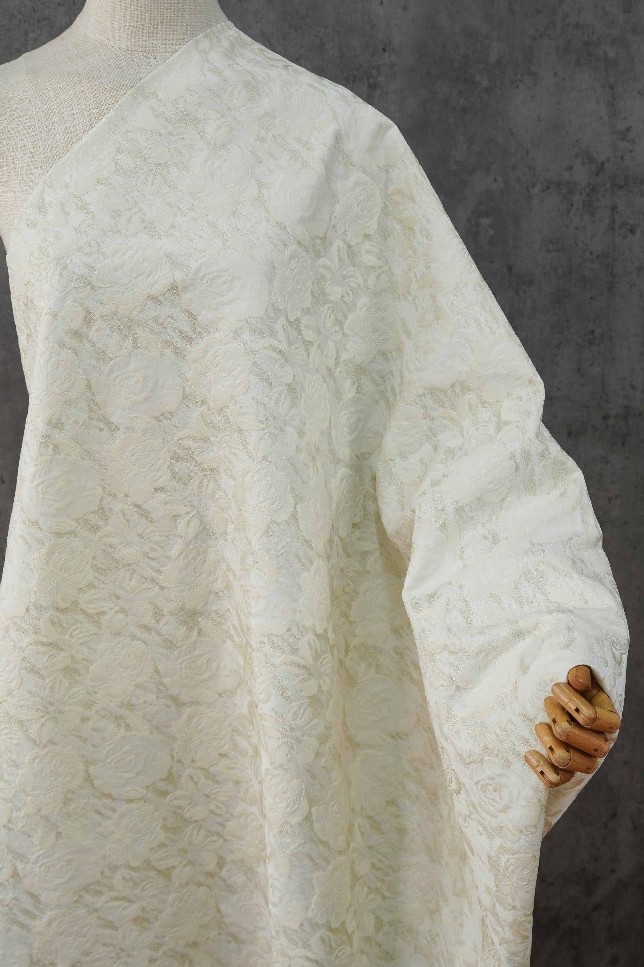 Luxury Ivory Rose Jacquard Fabric, Embossed Gold Floral Brocade Textile for Bridal Wedding Dress Couture Design, 63"Wide