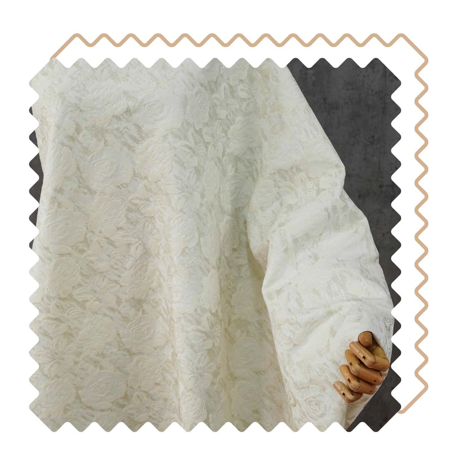 Luxury Ivory Rose Jacquard Fabric, Embossed Gold Floral Brocade Textile for Bridal Wedding Dress Couture Design, 63"Wide