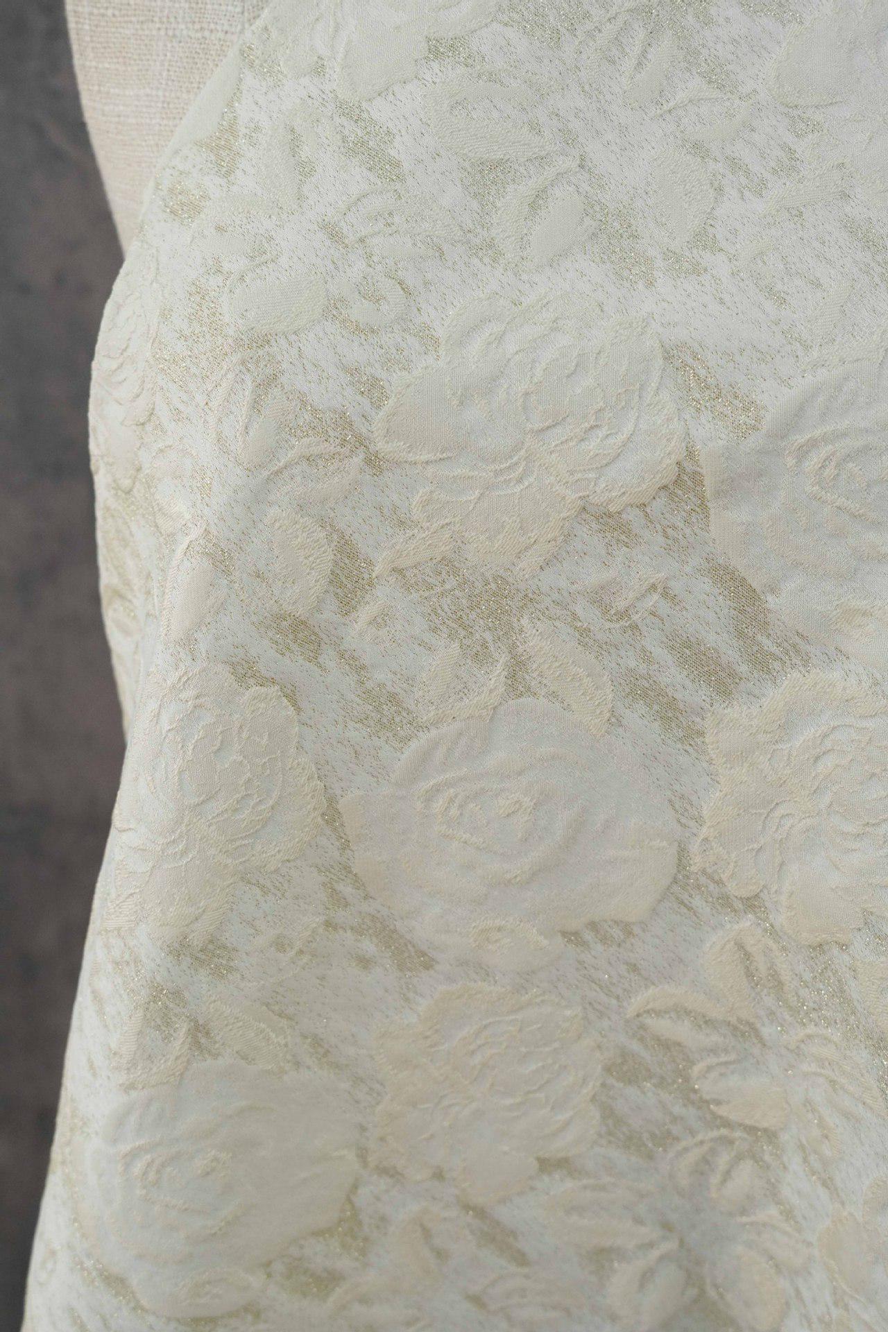 Luxury Ivory Rose Jacquard Fabric, Embossed Gold Floral Brocade Textile for Bridal Wedding Dress Couture Design, 63"Wide