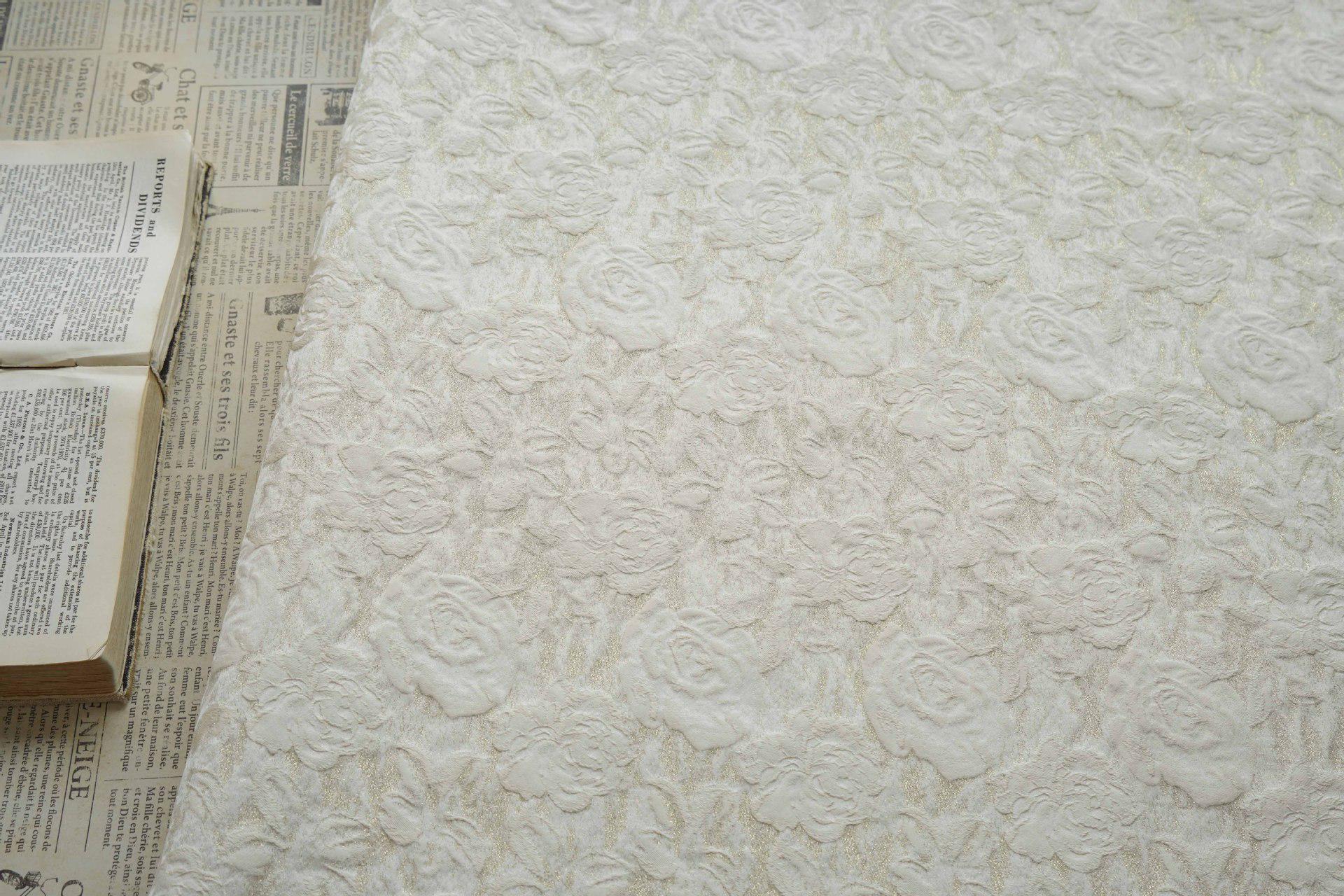 Luxury Ivory Rose Jacquard Fabric, Embossed Gold Floral Brocade Textile for Bridal Wedding Dress Couture Design, 63"Wide