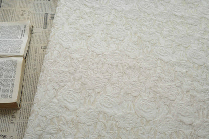 Luxury Ivory Rose Jacquard Fabric, Embossed Gold Floral Brocade Textile for Bridal Wedding Dress Couture Design, 63"Wide