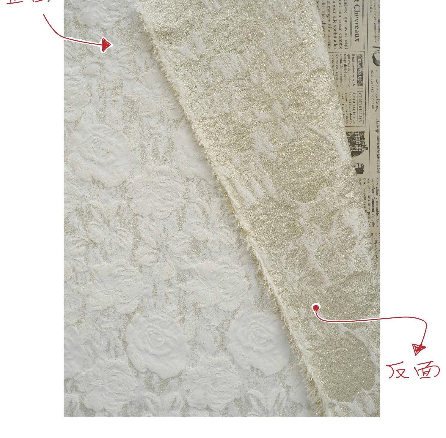 Luxury Ivory Rose Jacquard Fabric, Embossed Gold Floral Brocade Textile for Bridal Wedding Dress Couture Design, 63"Wide