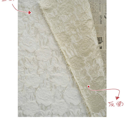 Luxury Ivory Rose Jacquard Fabric, Embossed Gold Floral Brocade Textile for Bridal Wedding Dress Couture Design, 63"Wide