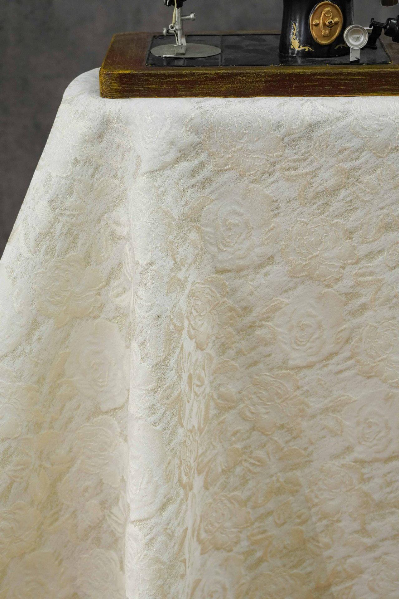 Luxury Ivory Rose Jacquard Fabric, Embossed Gold Floral Brocade Textile for Bridal Wedding Dress Couture Design, 63"Wide