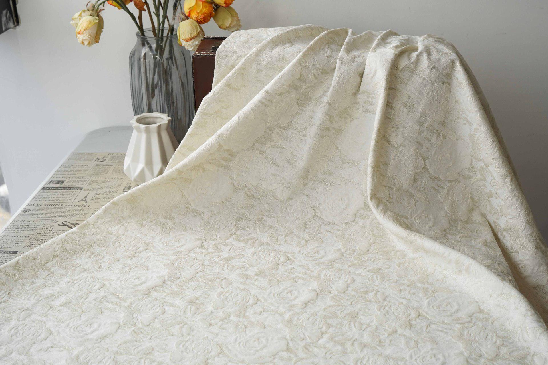 Luxury Ivory Rose Jacquard Fabric, Embossed Gold Floral Brocade Textile for Bridal Wedding Dress Couture Design, 63"Wide
