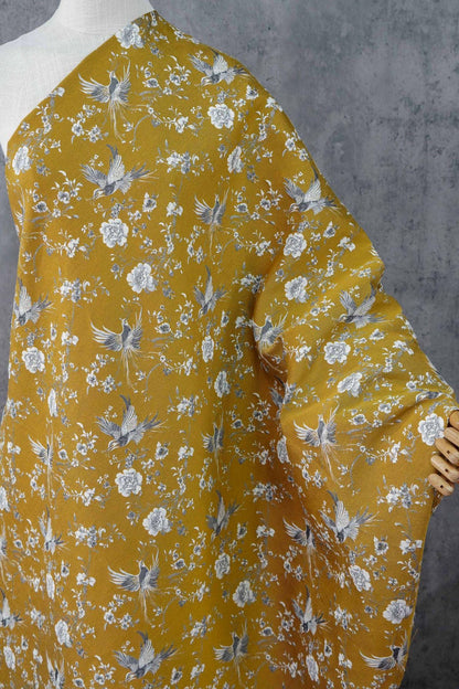 Mustard Yellow Floral Jacquard Fabric by Yard, Embossed Bird Flower Textile, Vintage Woven Dress Fabric for Sewing Crafts, 63"Wide