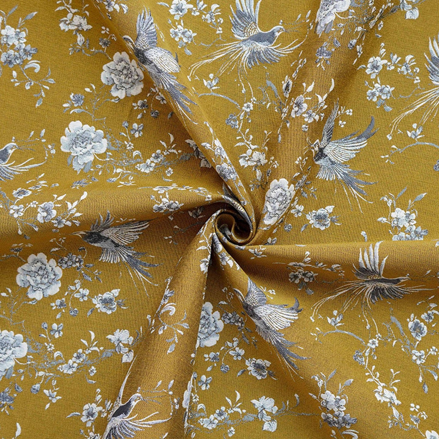 Mustard Yellow Floral Jacquard Fabric by Yard, Embossed Bird Flower Textile, Vintage Woven Dress Fabric for Sewing Crafts, 63"Wide