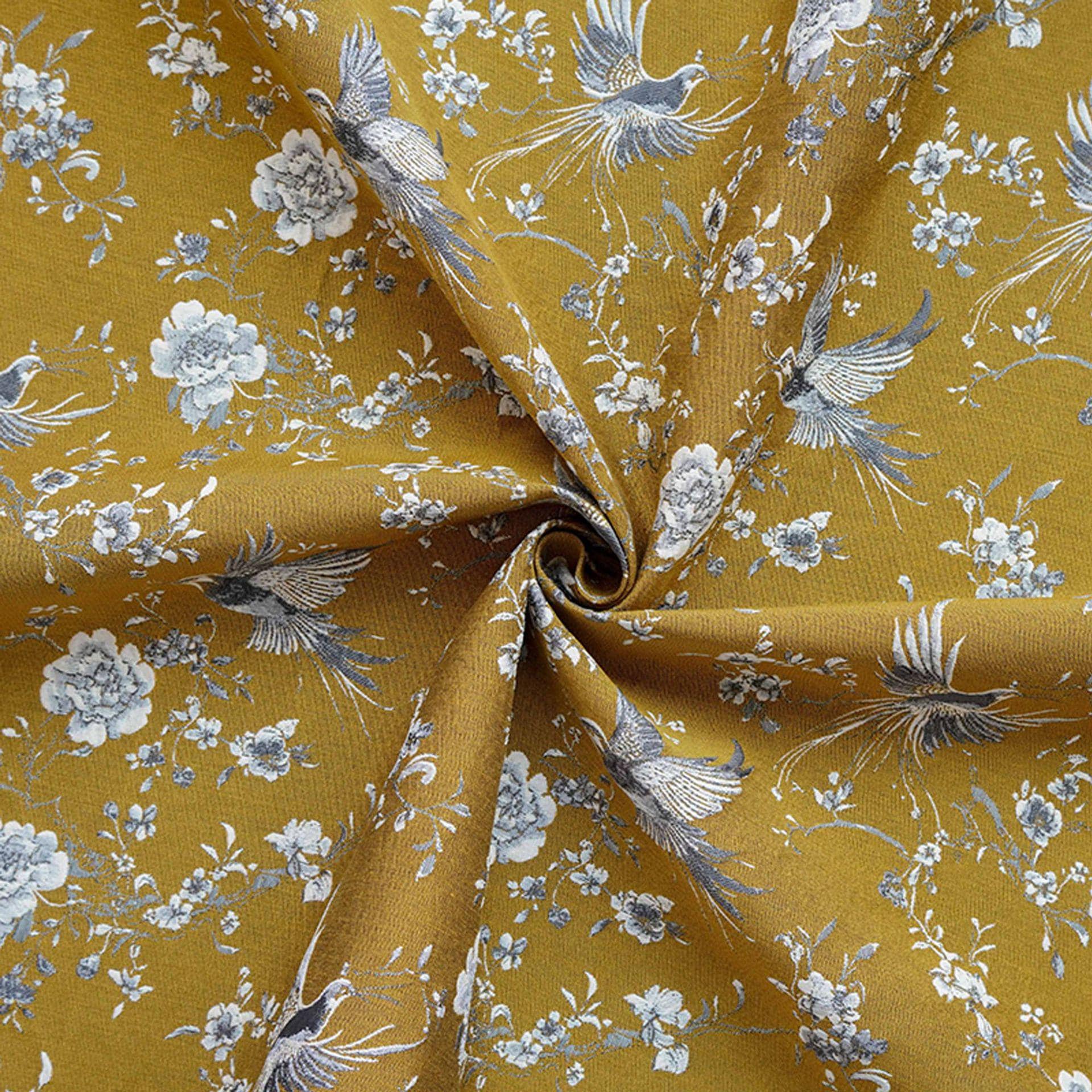 Mustard Yellow Floral Jacquard Fabric by Yard, Embossed Bird Flower Textile, Vintage Woven Dress Fabric for Sewing Crafts, 63"Wide