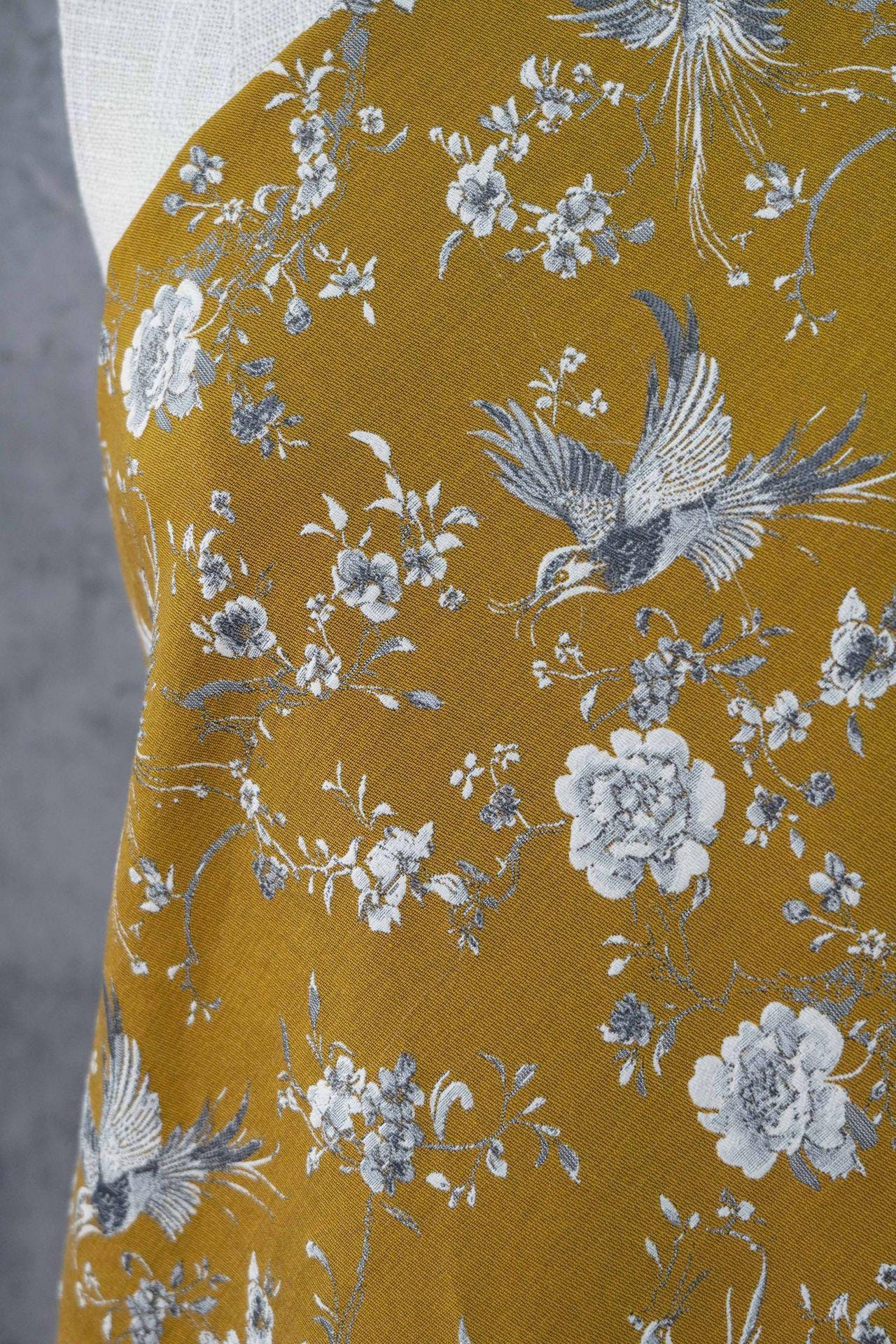 Mustard Yellow Floral Jacquard Fabric by Yard, Embossed Bird Flower Textile, Vintage Woven Dress Fabric for Sewing Crafts, 63"Wide