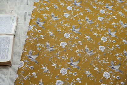 Mustard Yellow Floral Jacquard Fabric by Yard, Embossed Bird Flower Textile, Vintage Woven Dress Fabric for Sewing Crafts, 63"Wide