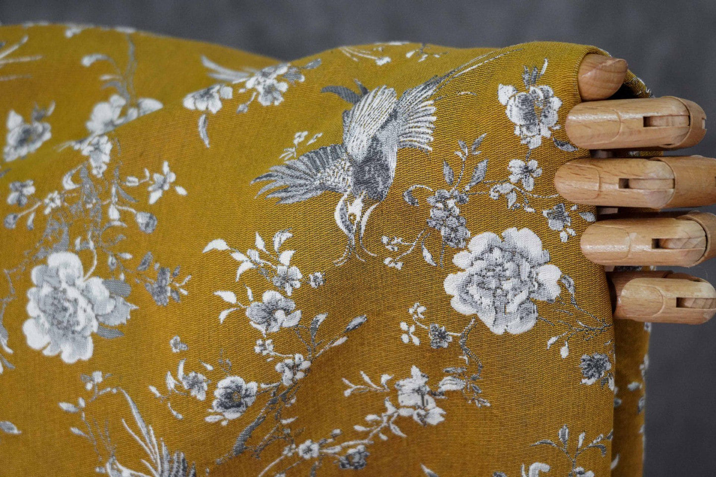 Mustard Yellow Floral Jacquard Fabric by Yard, Embossed Bird Flower Textile, Vintage Woven Dress Fabric for Sewing Crafts, 63"Wide