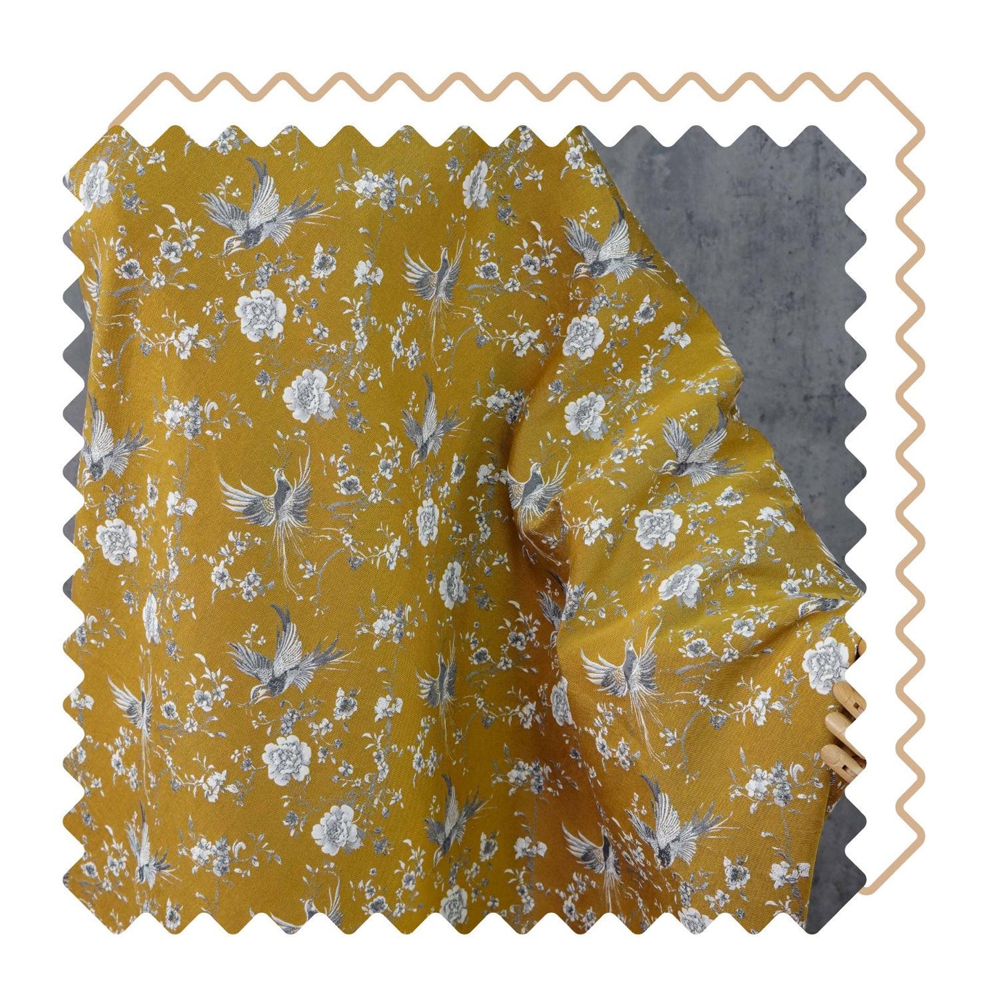 Mustard Yellow Floral Jacquard Fabric by Yard, Embossed Bird Flower Textile, Vintage Woven Dress Fabric for Sewing Crafts, 63"Wide