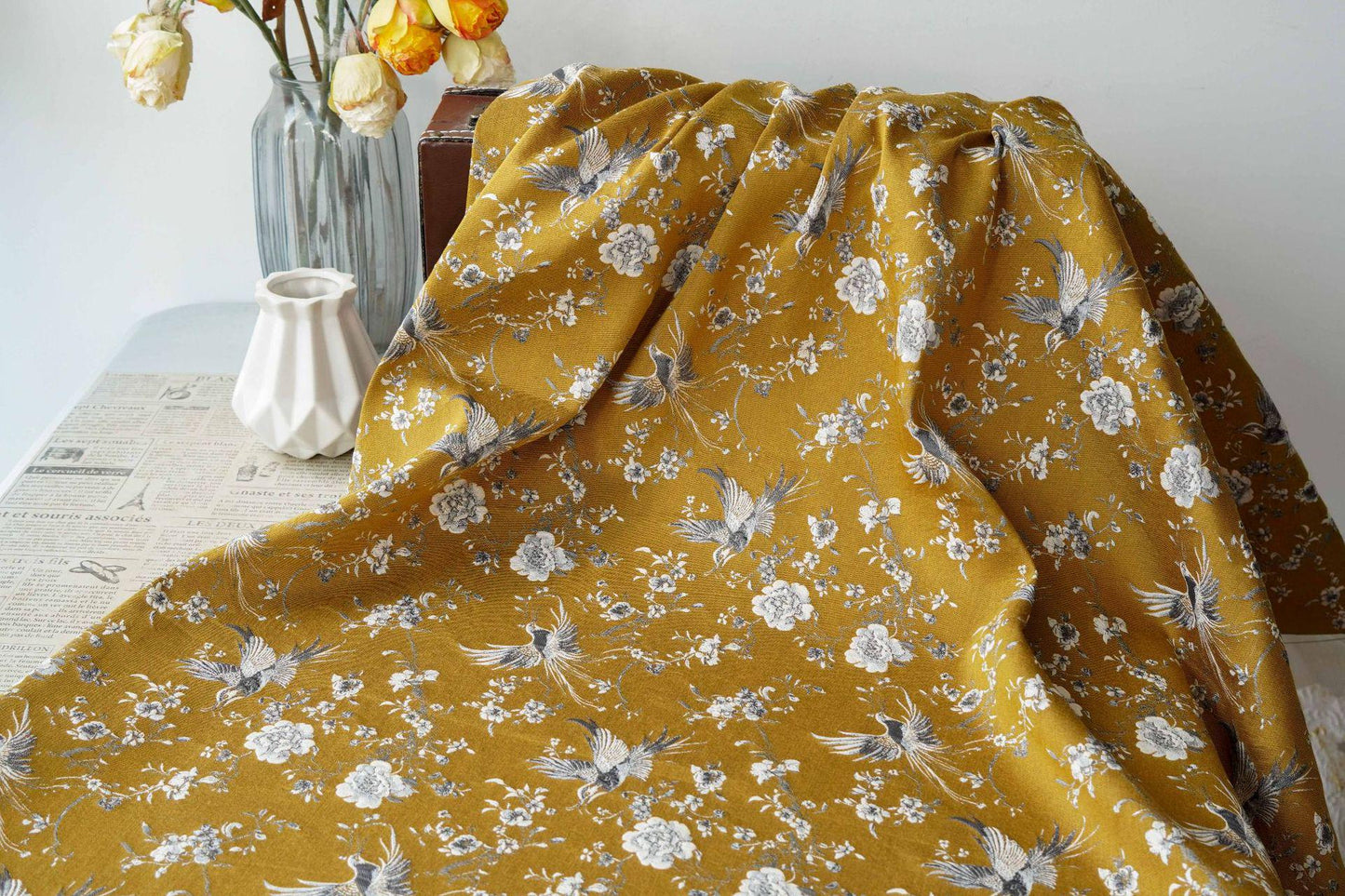Mustard Yellow Floral Jacquard Fabric by Yard, Embossed Bird Flower Textile, Vintage Woven Dress Fabric for Sewing Crafts, 63"Wide