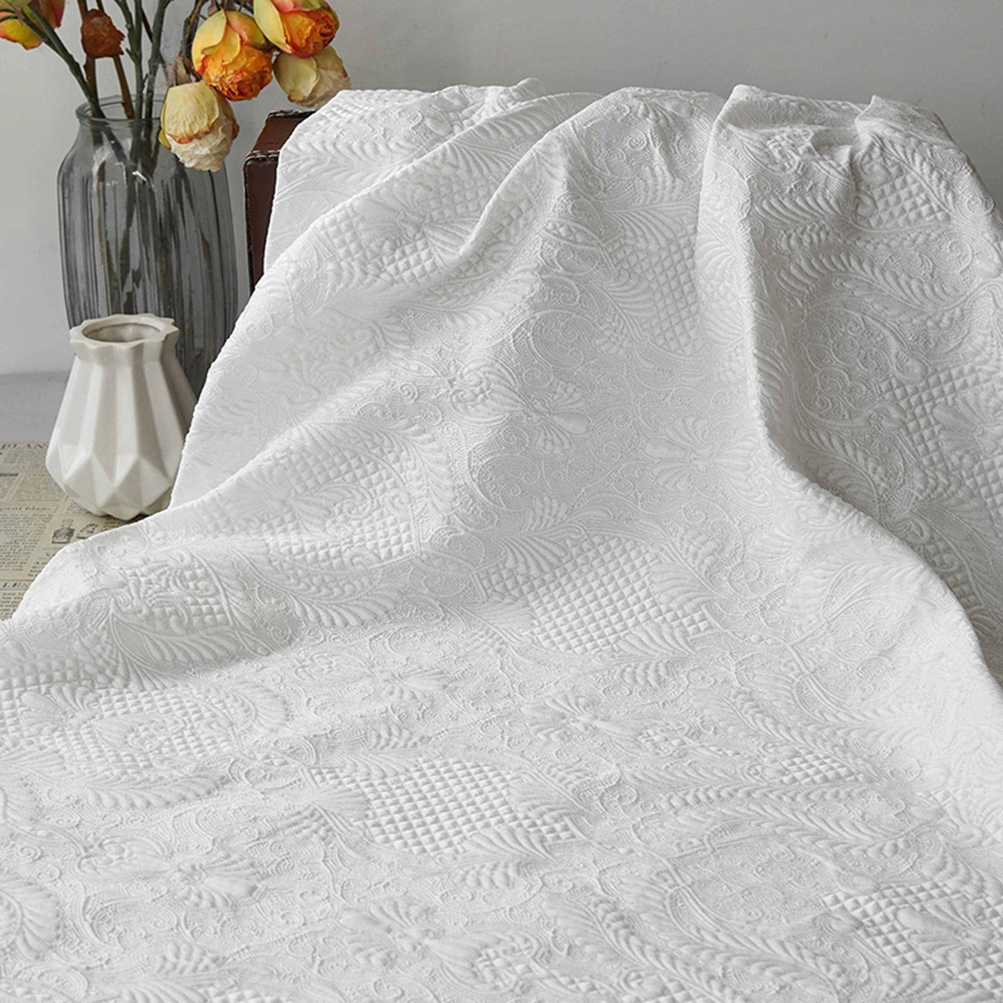 White Floral Jacquard Fabric by Yard, Embossed Vine Brocade Textile, Elegant Dress Fabric for Wedding Sewing Crafts Home Decor, 55"Wide