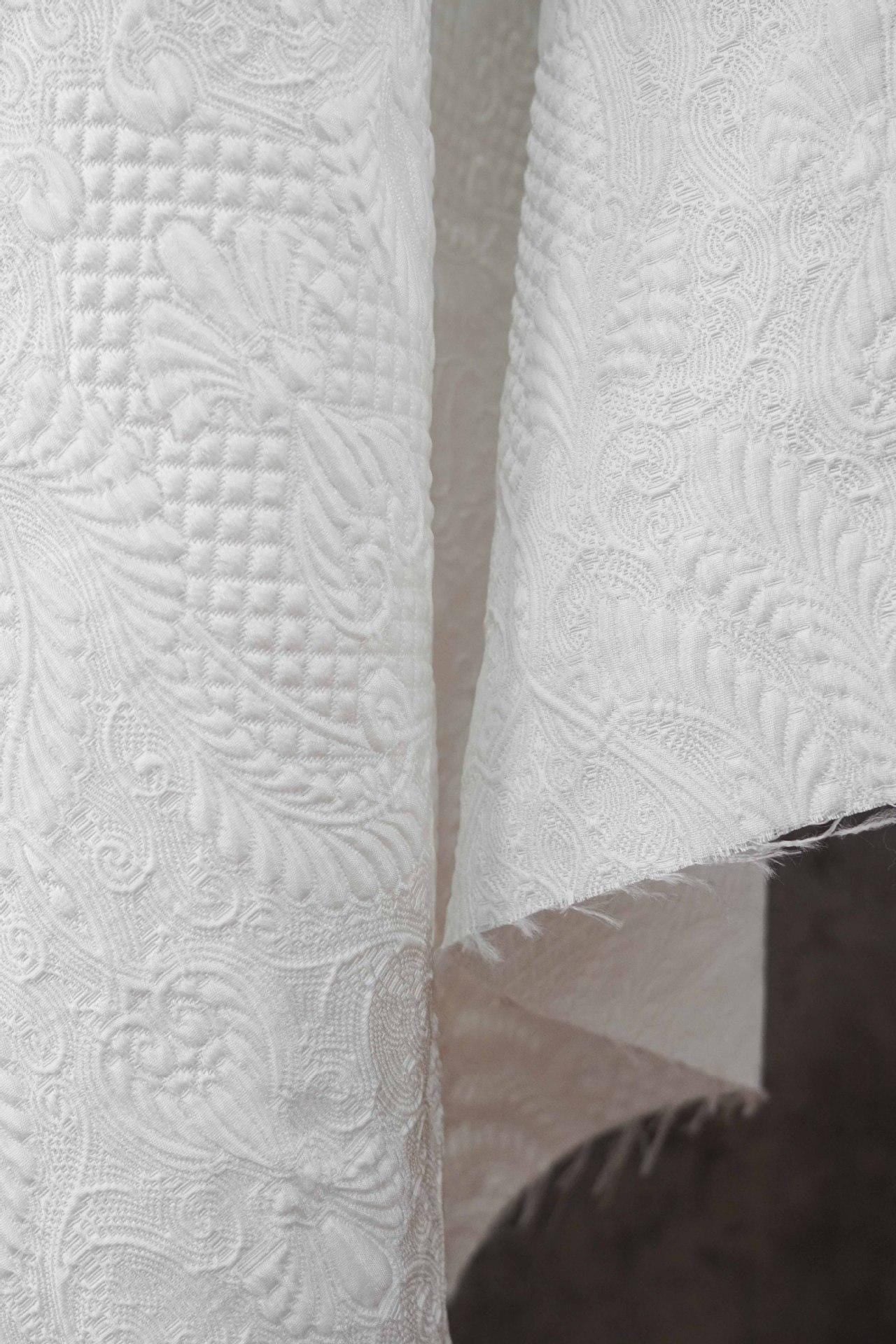 White Floral Jacquard Fabric by Yard, Embossed Vine Brocade Textile, Elegant Dress Fabric for Wedding Sewing Crafts Home Decor, 55"Wide