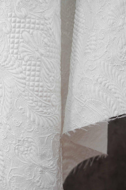 White Floral Jacquard Fabric by Yard, Embossed Vine Brocade Textile, Elegant Dress Fabric for Wedding Sewing Crafts Home Decor, 55"Wide