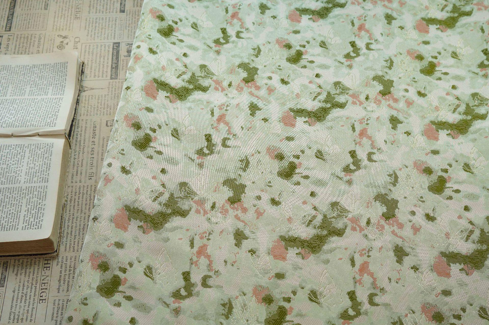 Green Floral Jacquard Fabric by Yard, Ink Wash Style Moss Print Textile, Soft Dress Fabric for Sewing Crafts Home Decor, 55"Wide