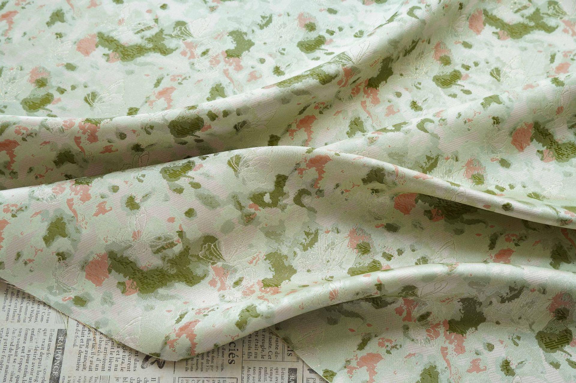 Green Floral Jacquard Fabric by Yard, Ink Wash Style Moss Print Textile, Soft Dress Fabric for Sewing Crafts Home Decor, 55"Wide