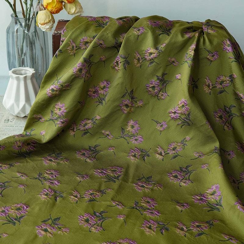 Green Floral Jacquard Fabric by Yard, Camellia Flower Embossed Textile, Vintage Dress Fabric for Sewing Crafts Home Decor, 63" Wide
