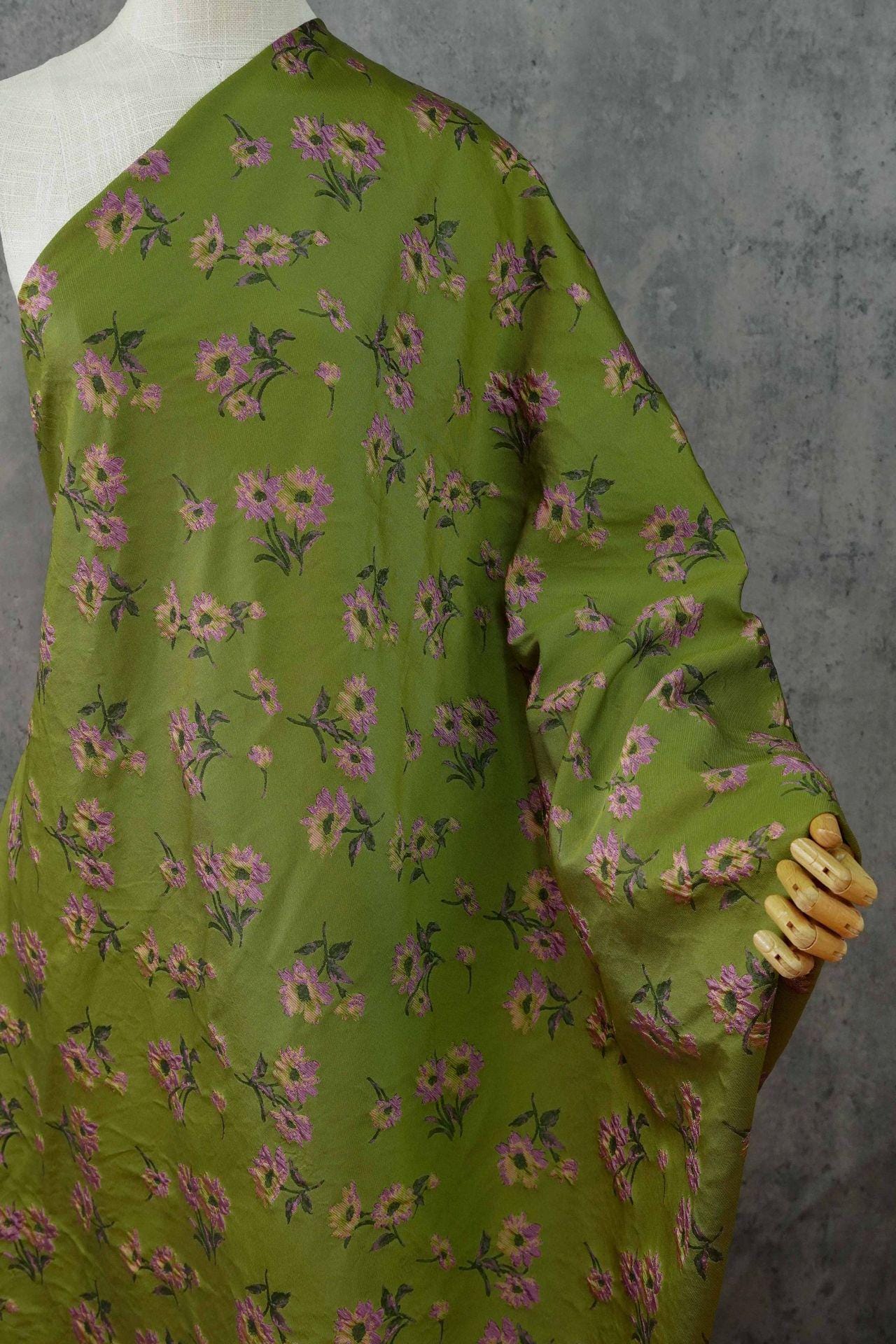 Green Floral Jacquard Fabric by Yard, Camellia Flower Embossed Textile, Vintage Dress Fabric for Sewing Crafts Home Decor, 63" Wide