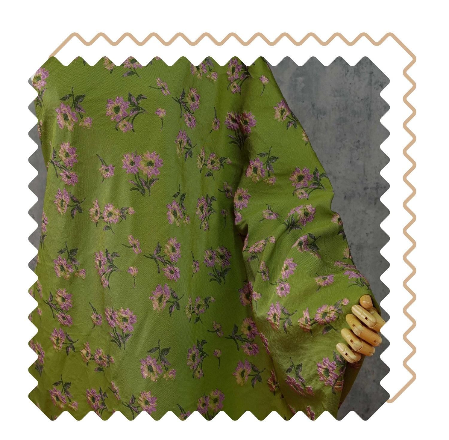 Green Floral Jacquard Fabric by Yard, Camellia Flower Embossed Textile, Vintage Dress Fabric for Sewing Crafts Home Decor, 63" Wide